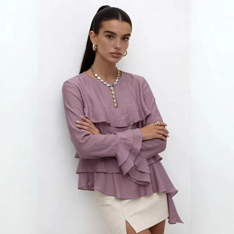 Elegante Blusa de Manga Larga para Mujer Con Volantes en Capas y Dobladillo Asimétrico Top de Moda de Cuello Redondo Liso