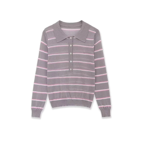 Women Vintage Striped Polo Knit Top Long Sleeve Button Down Gray Pink White Knitted Sweater Fall Casual Polo Shirt