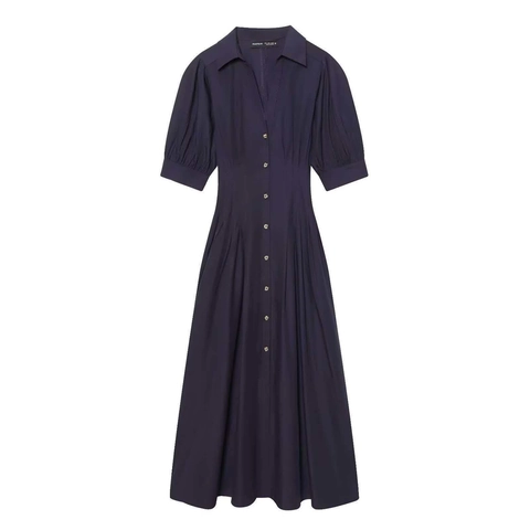 Vestido Midi de Mujer Azul Marino Manga Corta de Burbuja Cuello en V Vestido Camisero Con Cintura Plisada Elegante Verano