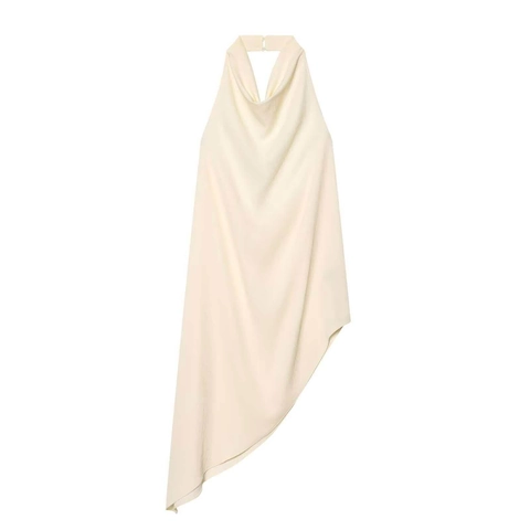 Elegant Halter Neck Backless Maxi Dress Asymmetrical Hem Sleeveless Cream White Polyester Summer Vacation Long Sundress For Women