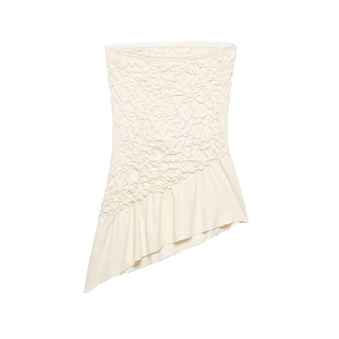 Top de Tubo Sexy para Mujer Palabra de Honor Fruncido Dobladillo Asimétrico Irregolare Blanco Lechoso Blusa Poliéster
