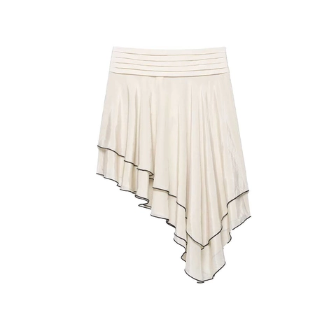 Gonna Midi Asimmetrica in Raso da Donna a Strati con Profili a Contrasto Vita Pieghettata Estiva Elegante a Linea Gonna Casual