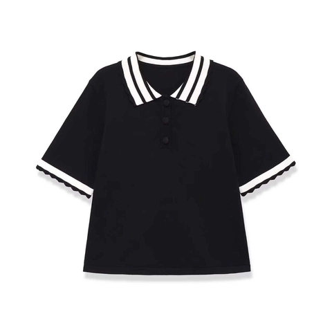 Women Short Sleeve Knitted Polo Shirt Contrast Stripe Scalloped Cuffs Button Lapel Slim Fit Polyester Summer Knit Top