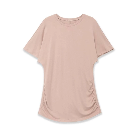 Women Elegant Ruched Short Sleeve T-Shirt And Ruffle Asymmetric Midi Skirt Set Nude Pink Polyester Casual Skirt Suit