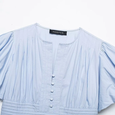 Blusa Elegante de Mujer con Cuello en V y Mangas Abullonadas Color Sólido Cintura Elástica Camisa con Alforzas Tops de Verano