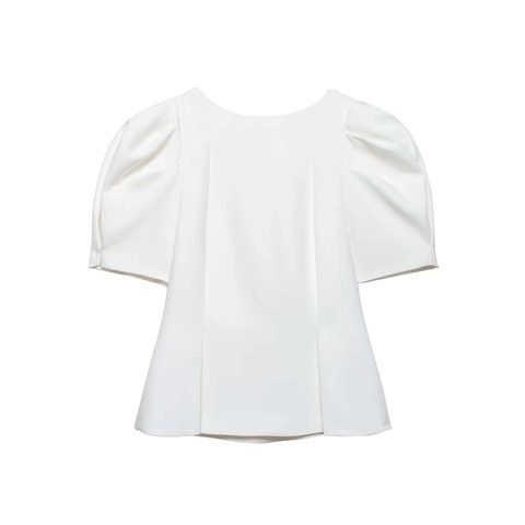 Damen Elegant Puffärmel T-Shirt Slim Fit Rundhals Top Mit Unsichtbarem Reißverschluss Hinten Einfarbig Sommer Casual Kleidung