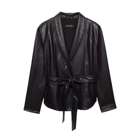 Damen Kunstlederjacke Mit Gürtel Schmale Passform Schalkragen Lychee-Maserung Langarm PU Leder Lässig Mantel