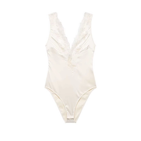 Women Sexy Satin Bodysuit With Lace Trim V Neck Sleeveless Backless One Piece Solid Color Elegant Summer Slim Fit Bodysuit