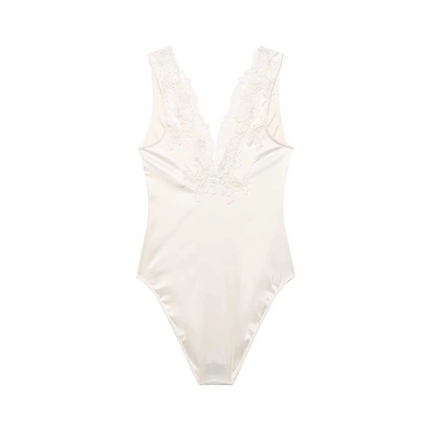 Women Sexy Satin Bodysuit With Lace Trim V Neck Sleeveless Backless One Piece Solid Color Elegant Summer Slim Fit Bodysuit