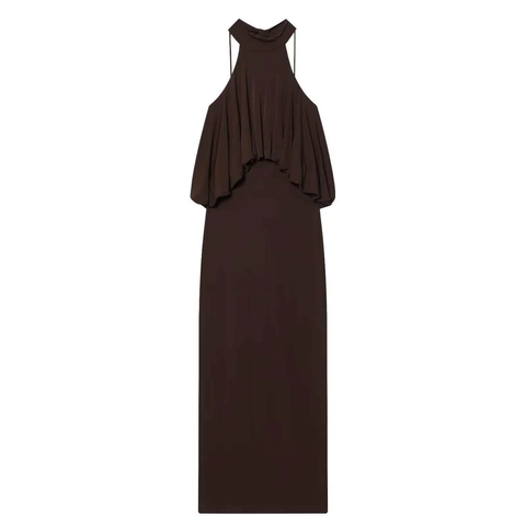 Women's Sexy Halter Neck Ruffle Flounce Maxi Dress Solid Color Backless Slim Fit Elegant Sleeveless Party Dress