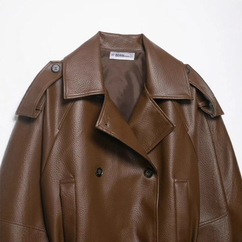 Women Vintage Faux Leather Trench Coat Double Breasted Belted Lapel Mid-Length PU Leather Jacket Loose Casual Outwear