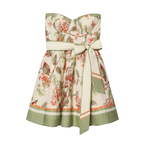 Women Sexy Off-shoulder Floral Print Mini Dress Vintage Strapless Bow Tie Waist Summer Slim Fit Bodycon Sundress
