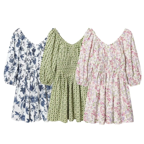 Damen Sommer Blumenmuster Puffärmel Minikleid Französisch Vintage V-Ausschnitt Gesmokte Taille Elegant Baumwollmischung Strandkleid