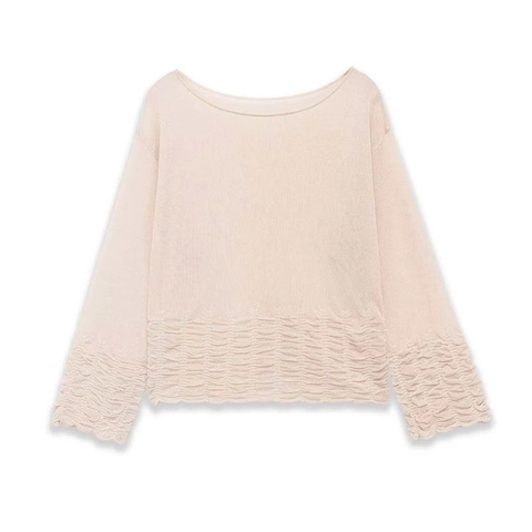 Elegant Women Long Sleeve Boat Neck Knit Top Slim Fit Solid Color Pleated Hem Pullover Sweater