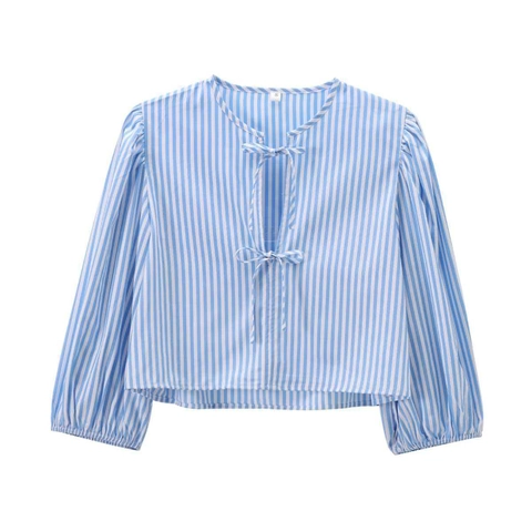 Women Casual Blue White Striped Cropped Shirt Round Neck Long Bubble Sleeve Bow Tie Front Poplin Blouse Tops