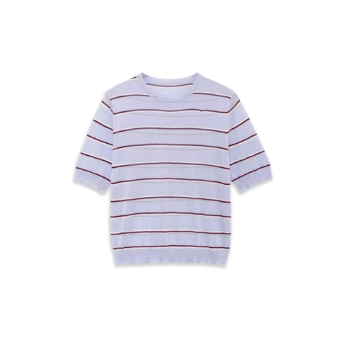 Casual Gestreepte Gebreide Top voor Dames Ronde Hals Korte Mouw Contrastkleur Horizontale Strepen Geribbelde Zoom Pullover