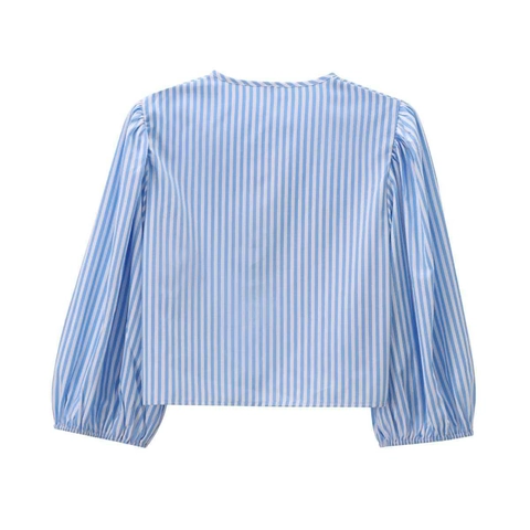 Women Casual Blue White Striped Cropped Shirt Round Neck Long Bubble Sleeve Bow Tie Front Poplin Blouse Tops