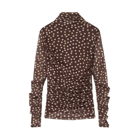 Damen Polka Dot Mesh Mock Neck Top Braun Halbtransparent Geraffte Seite Langarm Slim Fit Chic Casual Unterziehshirt Bluse