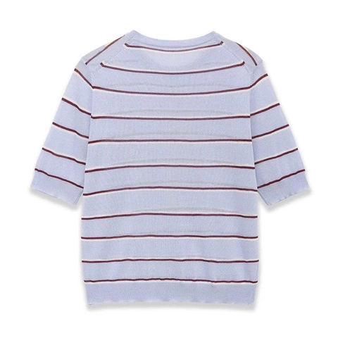 Casual Gestreepte Gebreide Top voor Dames Ronde Hals Korte Mouw Contrastkleur Horizontale Strepen Geribbelde Zoom Pullover