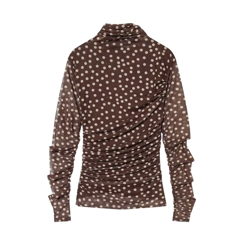 Damen Polka Dot Mesh Mock Neck Top Braun Halbtransparent Geraffte Seite Langarm Slim Fit Chic Casual Unterziehshirt Bluse