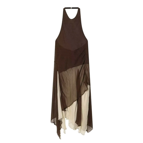Damen Elegant Halter-Ausschnitt Polka Dot Maxikleid Asymmetrisch Rüschen Gestuft Chiffon Ärmellos Sommer Partykleid Schokobraun