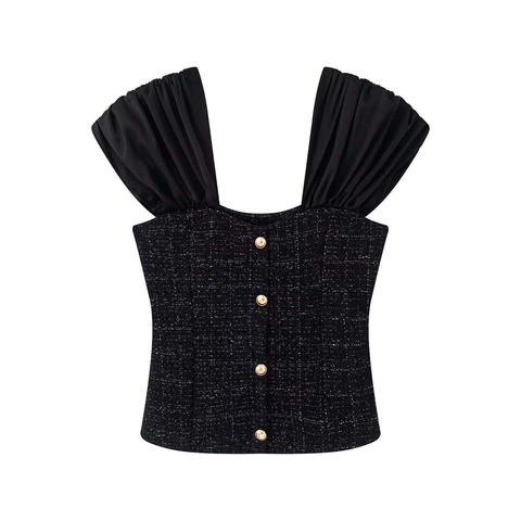 Débardeur Camisole en Tweed Noir Élégant pour Femme Col Carré Bretelles à Volants Boutons Dorés Coupe Ajustée Style Français Top d'Été
