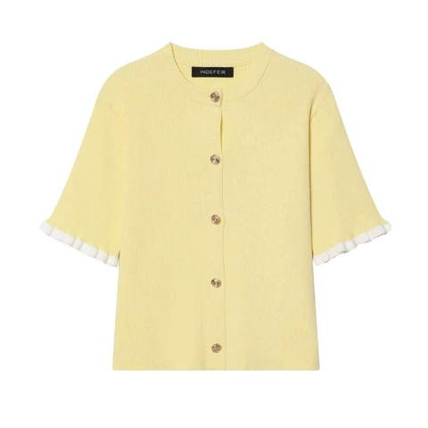 Damen Cremegelb Rundhals Strickjacke Mit Goldknöpfen Rüschenmanschetten Kontrastbesatz Kurzarm Pullover