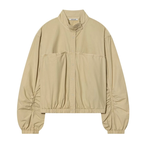 Women Washed Poplin Jacket With Ruched Sleeves Stand Collar Snap Button Closure Casual Loose Fit Autumn Outerwear Khaki
