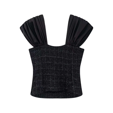 Débardeur Camisole en Tweed Noir Élégant pour Femme Col Carré Bretelles à Volants Boutons Dorés Coupe Ajustée Style Français Top d'Été