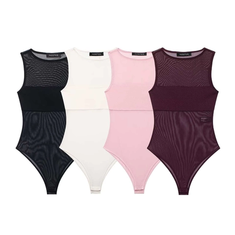 Dames Sexy Mesh Patchwork Bodysuit Mouwloos Ronde Hals Doorschijnend Slim Fit Jumpsuit Top Voor Feest Club