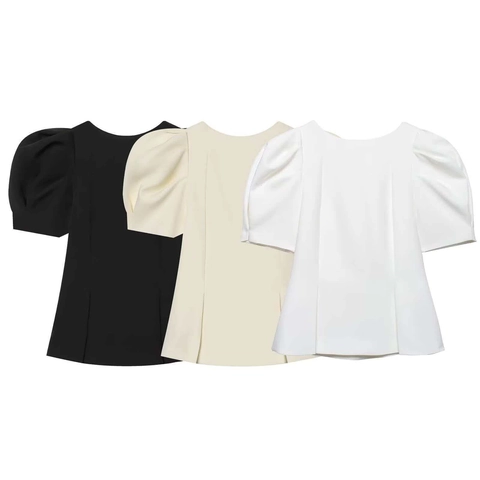 Dames Elegante Pofmouwen T-Shirt Slanke Pasvorm Ronde Hals Top Met Onzichtbare Rits Aan De Achterkant Effen Kleur Zomer Kleding