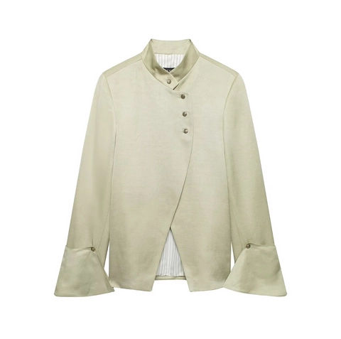 Women Retro Stand Collar Asymmetrical Blazer Elegant Yellow Green Flared Sleeve Striped Lining Button Outerwear Office Coat