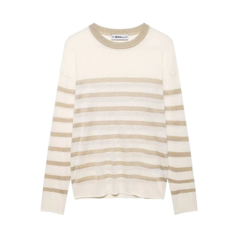 Suéter de Punto a Rayas Casual para Mujer Cuello Redondo Holgado Manga Larga Hilo Metálico Jersey Cálido Moda Trabajo Top