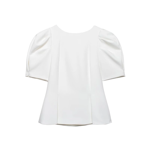 Dames Elegante Pofmouwen T-Shirt Slanke Pasvorm Ronde Hals Top Met Onzichtbare Rits Aan De Achterkant Effen Kleur Zomer Kleding