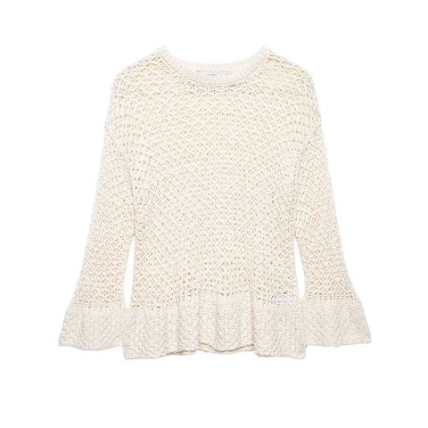 Damen Vintage Hohl Gehäkelter Strickpullover Cremeweiß Rundhals Glockenärmel Rüschensaum Eleganter Lässiger Top