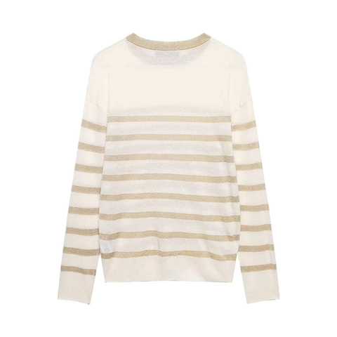 Suéter de Punto a Rayas Casual para Mujer Cuello Redondo Holgado Manga Larga Hilo Metálico Jersey Cálido Moda Trabajo Top