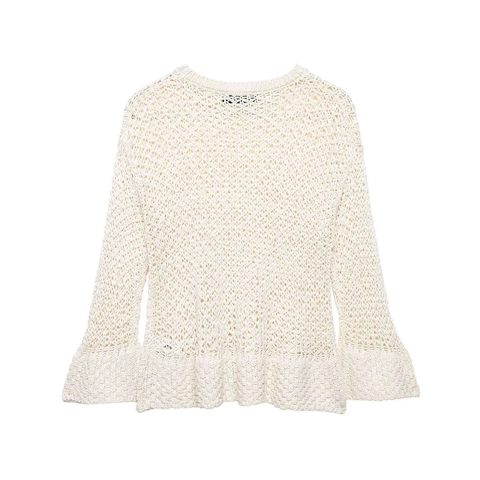 Damen Vintage Hohl Gehäkelter Strickpullover Cremeweiß Rundhals Glockenärmel Rüschensaum Eleganter Lässiger Top