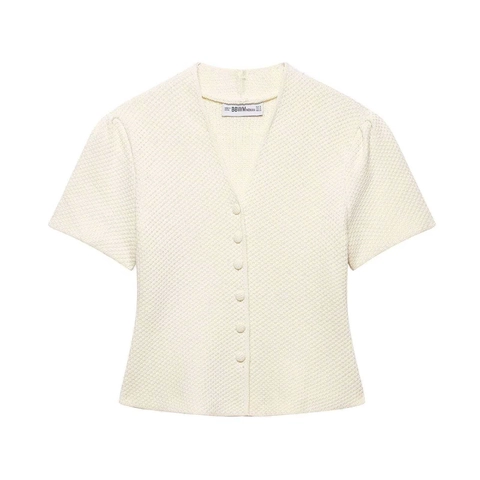 Women's Casual Short Sleeve Knitted Cardigan Elegant V-Neck Waffle Texture Button Up Slim Fit Summer Polyester Top