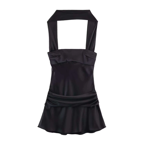Women Sexy Halter Neck Satin Dress Ruched Sleeveless Black Backless Bodycon Party Club Summer Mini Scarf Style Sling Dress