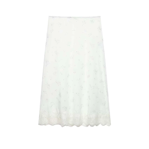 Gonna Lunga Donna Elegante Stampa Floreale Con Orlo In Pizzo Vintage Bianco Avorio Linea A Dritta Stile Pendolare Estate