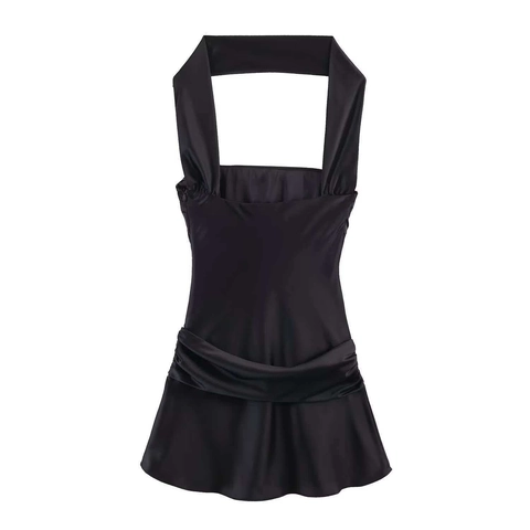 Women Sexy Halter Neck Satin Dress Ruched Sleeveless Black Backless Bodycon Party Club Summer Mini Scarf Style Sling Dress