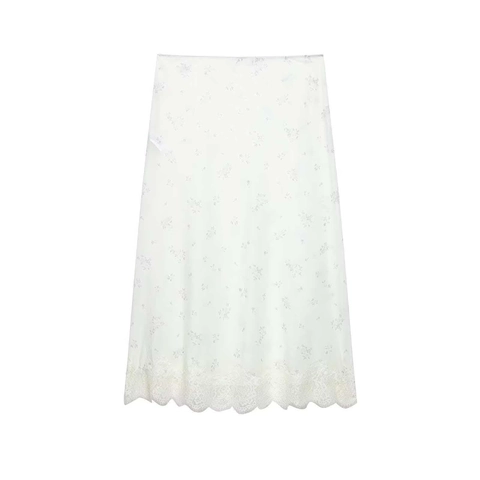 Damen Eleganter Langer Rock Mit Blumenmuster Und Saum Aus Spitze Vintage Elfenbeinweiß A-Linie Gerade Sommerhose