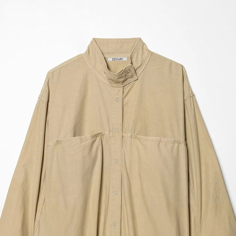 Women Washed Poplin Jacket With Ruched Sleeves Stand Collar Snap Button Closure Casual Loose Fit Autumn Outerwear Khaki