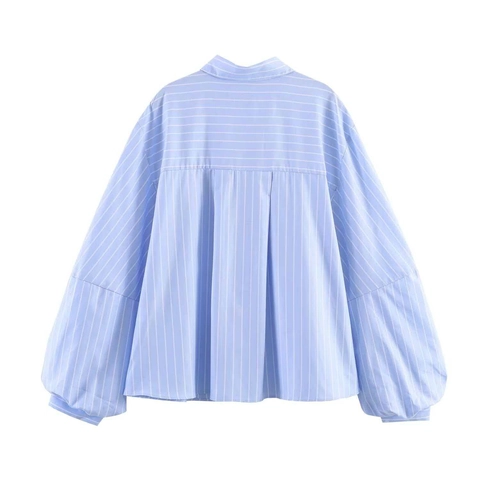 Vintage Damen Hellblau Vertikale Gestreifte Bluse Elegante Puffärmel Knöpfen Langarm Hemd Casual Büro Oberteil