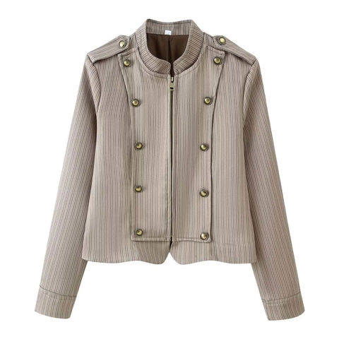 Chaqueta de Cuello Alto de Estilo Militar Vintage para Mujer Rayas Verticales Y Pantalones Ajustados Conjunto de Moda de Otoño