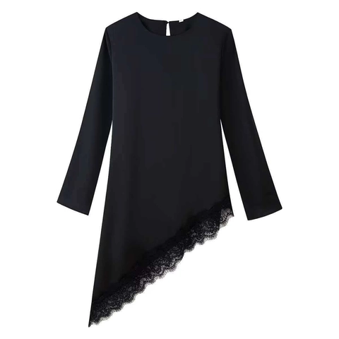 Women's Elegant Round Neck Long Sleeve Lace Patchwork Top Asymmetric Hem Solid Color Casual Blouse Base Layer Shirt