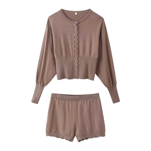 Cárdigan y Pantalones Cortos de Punto Informales para Mujer Manga Larga Borde Ondulado Conjunto de Ropa de Descanso Cómodo