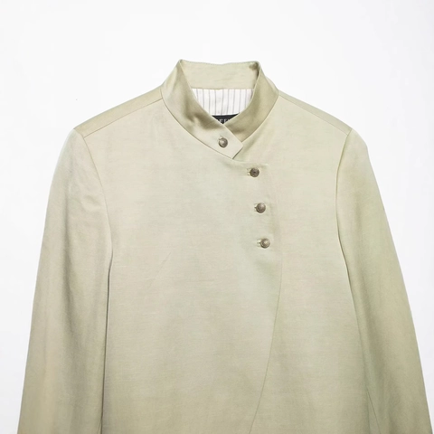 Women Retro Stand Collar Asymmetrical Blazer Elegant Yellow Green Flared Sleeve Striped Lining Button Outerwear Office Coat
