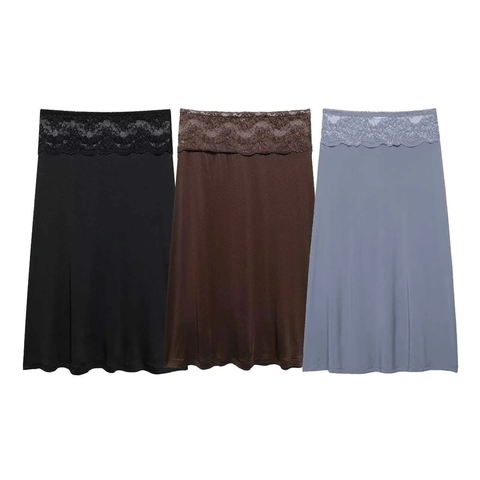 Falda Midi de Cintura Alta para Mujer con Ribete de Encaje Elegante Viajero Color Sólido Poliéster Falda Recta