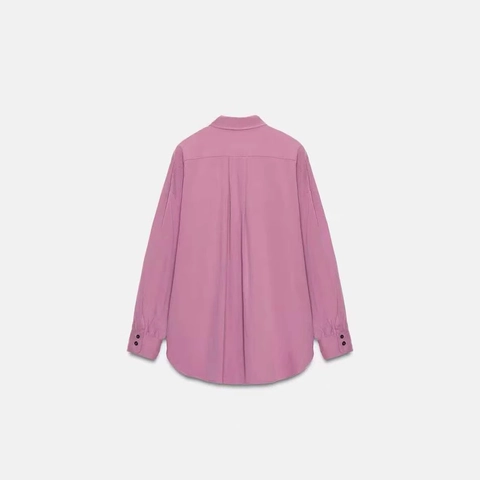 Damen Einfarbig Langarm Hemd Casual Lockere Passform Bluse Mit Doppeltaschen Und Asymmetrischem Kragen Top